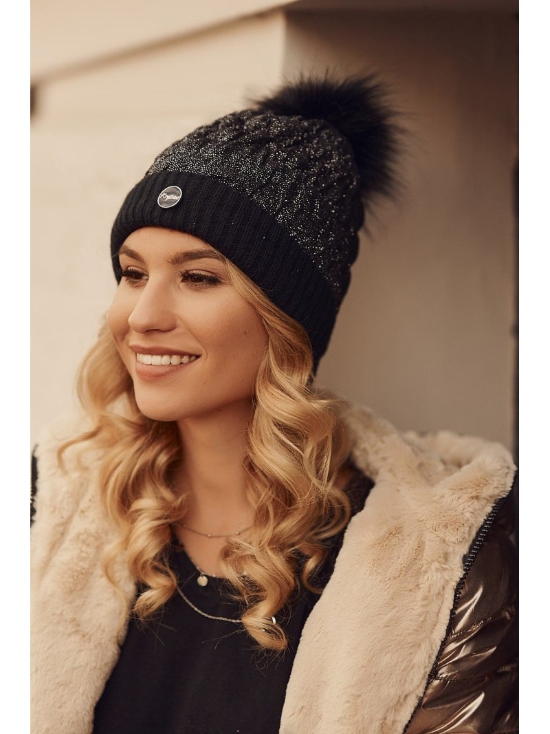 Ruffled hat with glitter and pompom, black C59 - Online store - Boutique